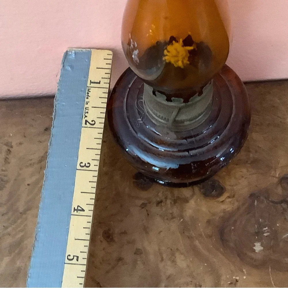 Vintage 7.5 Inch Amber Glass Oil Lamp With Fruit Details Read